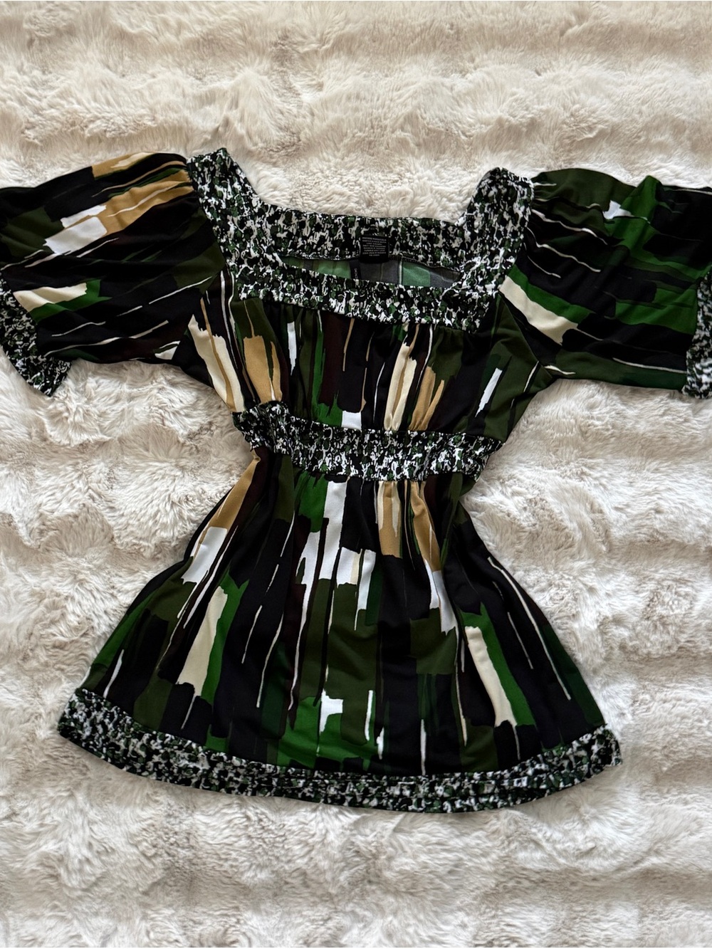 Y2K Square-Neck Top — Green Multi-Print